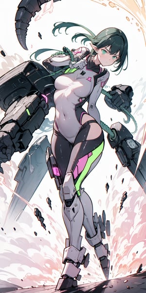 exoskeleton, fighting, combat, cowboy shot, from bottom, perfect face, light purple body suit, green neon strip decoration
solo
mecha musume, masterpiece, battle field, tentacle