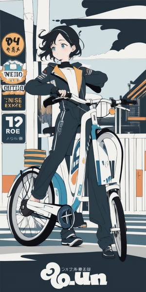 masterpiece, best quality, advertising poster, beautiful model, nice body, morden road bicycle, morden bicycle suit, open suit zip, long black hair, blue streak hair, hair chignon, lively pose, road scenery, flat illustration, only four colors, 