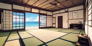 traditional japanese room, art room, beach background, anime style, CLEAN room, from top