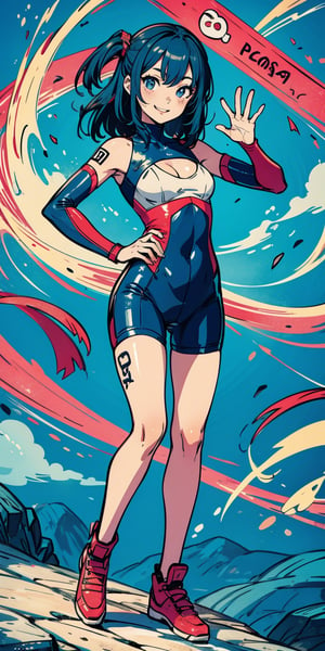 masterpiece, best quality, (((corect ratio))), chest up, poster, beautiful woman, breasty, morden road bicycle, morden road bicycle suit, long blue hair, pink streak hair, smile, very lively pose, mountainous scenery, flat illustration, in only two colors