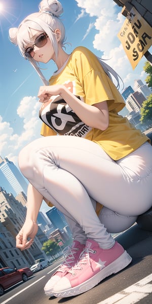 1 girl, lady, bright color, (graphic_oversize_shirt:1.5),  (white_leggings:1.5), converse sneakers, rainbow sun glasses, M squatting, high end decorations, full body, hair bun, NYC street, road curb, (low_angle:1.5), (under view shot:1.2)