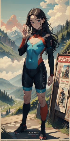 masterpiece, best quality, (((corect ratio))), chest up, poster, beautiful woman, breasty, morden road bicycle, morden road bicycle suit, long blue hair, pink streak hair, smile, very lively pose, mountainous scenery, flat illustration,