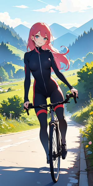 masterpiece, best quality, (((corect ratio))), chest up, poster, beautiful woman, breasty, morden road bicycle, morden road bicycle suit, long blue hair, pink streak hair, smile, very lively pose, mountainous scenery, flat illustration, in only two colors