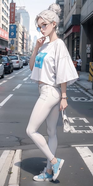 1 girl, lady, bright color, (oversized_t-shirt:1.5), (white_low_rise_spandex_hotpants:1.3), pantyhose, converse sneakers, light color shades, one fine purse, high end decorations, full body, hair bun, walking on crossing, NYC crossing, road curb, trific light, (from_side:1.3)