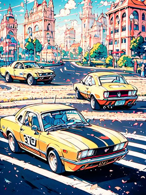 masterpiece, best quality, high Resolution, toriyama_akira style
1girl, expressive outfits, gray hair, long hair, nice brest
driver, driving 1970 ford mustang convertible, 1970 mustang convertible, wear sun glasses, wear gloves, 
road, sky, city, morning, hair flying, racing car painting looking_at_viewer, midjourney, 1 girl,pastel