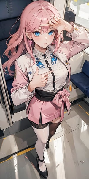 (((solo))), (((1 girl))), beautiful, masterpiece, best quality, extremely detailed face, perfect lighting, A mysterious woman, (((perfect anatomy))), (((right anatomy))), (((correct anatomy))), (((correct ratio)))
white lace blouse, hot pink fit suit jacket, pink short skirts, blue eyes, waist long hair, hime cut hairstyle, see through stockings, rogue high heels
from above, PERFECT HANDS, train interior, finger frame