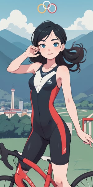 a chest up advertising poster of a beautiful student model in morden road bicycle suit, long black hair with blue streak hair, chignon, lively pose, beautiful bold typograhy of text: 'Like a NCG', mountainous scenery, a ncg,flat illustration, in only four colors, PARIS 2024, olympic games