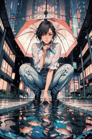 1 girl ,solo, squatting, midnight, rainy day, holding a normal umbrella, (from below 1.5), (1 quarter view 1.1), (fish eye 1.3), hand to viewer, wet floor, water pond, reflection, looking_at_viewer, street view,yofukashi background