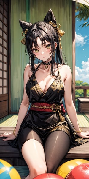 black, gold, summer afternoon, relaxed, shōtengai