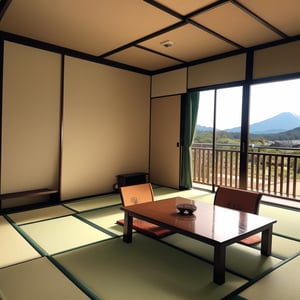 traditional japanese room, traditional japanese yard background, fuji mountain background, anime style, CLEAN room, from top