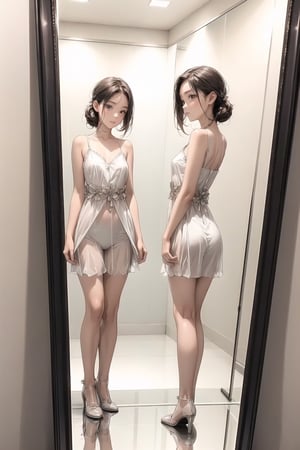 1 woman, solo, fitting room,
1 mirror, standing front mirror, (((mirror image))), facing mirror, looking at mirror, ((clear reflection image in mirror))