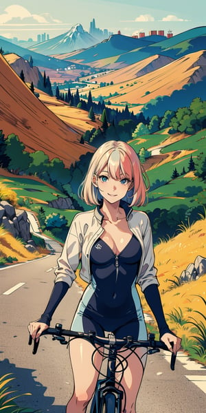 masterpiece, best quality, (((corect ratio))), chest up, poster, beautiful woman, breasty, morden road bicycle, morden road bicycle suit, long blue hair, pink streak hair, smile, very lively pose, mountainous scenery, flat illustration, in only two colors