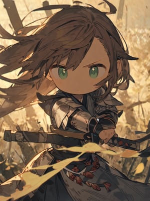 masterpiece, best quality, high Resolution, chibi style, cowboy shot
1girl, yellow japanese armour, japanese sworld, katana, Jūmonji yari , [brown hair/green hari], green eyes, serious
iaidow, Right hand holding katana, left hand on hip, from right
field, morning, windy, hair flying, cute knight, warrior,