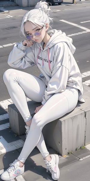 1 girl, lady, bright color, (graphic_oversize_hoodie:1.5),  (white_leggings:1.5), converse sneakers, rainbow sun glasses, fine purse, high end decorations, full body, hair bun, NYC street, sit on road curb, (low_angle:1.5), (under view shot:1.5),