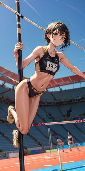 black, gold, summer afternoon, serious, pole vault, olympic game