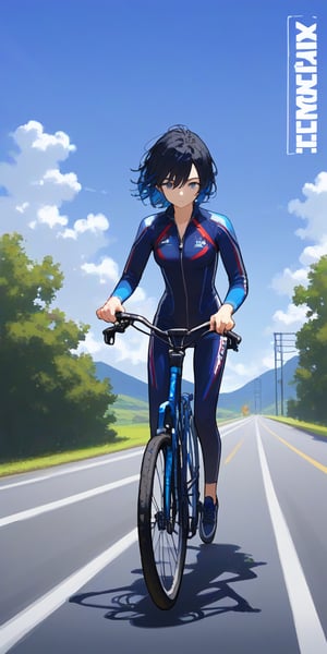 masterpiece, best quality, advertising poster, beautiful model, nice body, morden road bicycle, morden bicycle suit, open suit zip, long black hair, blue streak hair, hair chignon, lively pose, road scenery, flat illustration, only four colors, 