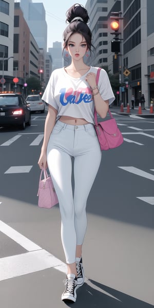 1 girl, lady, (oversized_t-shirt:1.5), (low_waist_spandex_hotpants:1.5), ((sexy Thigh High stockings)), converse sneakers, light color shades, one fine purse, high end decorations, full body, hair bun, walking on crossing, NYC crossing, road curb, trific light, (from_side:1.3), (from_below:1.5)