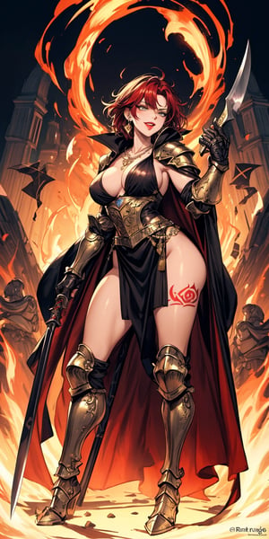 beautiful, masterpiece, best quality, extremely detailed face, perfect lighting, full body
disdain laugh, crimson hair, short hair, lipstick, amber eyes, sexy oily skin, tattoo on thight, ear ring, necklace
female knight, gold and black, detailed full armour, runes armour, runes weapon, large flame axe, fine cape, Black