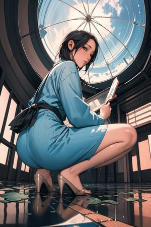 1 girl ,solo, squatting, midnight, rainy day, holding a normal umbrella, (from below 1.5), (quarter view 1.1), (fish eye 1.3), point to viewer, wet floor, water pond, reflection, looking_at_viewer, ,syonbenyokocho