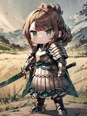 masterpiece, best quality, high Resolution, funko style
1girl, chibi characters, yellow japanese armour, japanese sworld, katana, [brown hair/green hari], green eyes, serious
Right hand holding a katana, left hand on hip, shoulder-width standing, 
field, morning, windy, hair flying, cute knight, warrior,Ukiyo-e