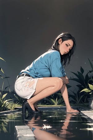 1 girl ,solo, squatting, (from below 1.5), (side view 1.1), wet floor, water pond, reflection, looking_at_viewer, 