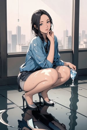 1 girl ,solo, squatting, wet floor, water pond, reflection, looking_at_viewer, viewer on the floor