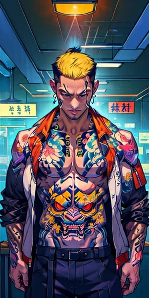 master piece, best quality, high_resolution, perfect anatomy, whole body, hitech wear, ((YakuzaTattoo pattern jacket))