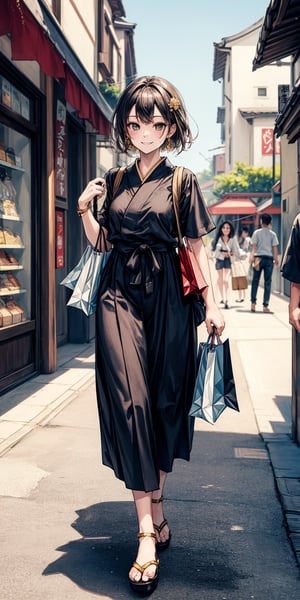 black, gold, summer afternoon, relaxed smile, walking, shopping, shōtengai
