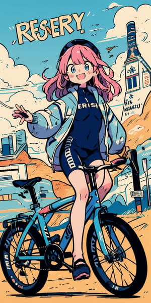 masterpiece, best quality, (((corect ratio))), chest up, poster, beautiful woman, breasty, morden road bicycle, morden road bicycle suit, long blue hair, pink streak hair, smile, very lively pose, mountainous scenery, flat illustration, dualtone