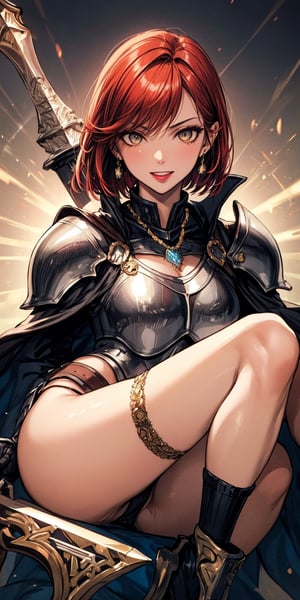 beautiful, masterpiece, best quality, extremely detailed face, perfect lighting,
disdain laugh, crimson hair, short hair, lipstick, amber eyes, sexy oily skin, tattoo on right eye, ear ring, necklace
female knight, gold and black full armour, detailed full armour, runes armour, runes weapon, hold a detailed claymore, magic claymore, fine cape, Black