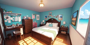 traditional greese room, art room, beach background, anime style, CLEAN room, from top