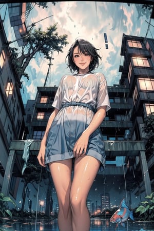 1 girl ,solo, smile, standing, midnight, rainy night, (from below 1.5), (random view 1.5), (fish eye 1.3), wet hair, wet skin, wet floor, very shallow water pond, reflection, looking_at_viewer, street view,yofukashi background