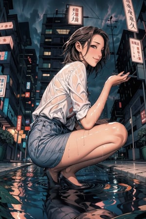 1 girl ,solo, smile, squatting, midnight, rainy night, (from below 1.5), (side view 1.5), (fish eye 1.3), wet hair, wet skin, hand point to viewer, wet floor, water pond, reflection, looking_at_viewer, street view,yofukashi background