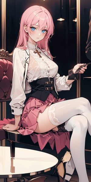 (((solo))), (((1 girl))), beautiful, masterpiece, best quality, extremely detailed face, perfect lighting, A mysterious woman, (((perfect anatomy))), (((right anatomy))), (((correct anatomy)))
white lace blouse, hot pink fit suit jacket, pink short skirts, blue eyes, waist long hair, hime cut hairstyle, see through stockings, sit on chair, cross legs, rogue high heels
street cafe, from bottom, PERFECT HANDS