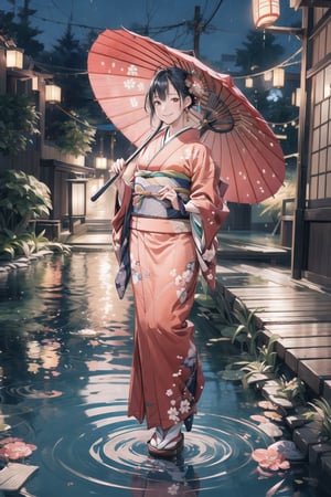 1 girl ,solo, smile, standing, midnight, rainy night, kimono, japanese traditional clothes, (from below 1.5), (random view 1.5), (full body 1.5), wet hair, wet skin, wet floor, very shallow water pond, reflection, hand reach to viewer, looking_at_viewer, street view,hand holding umbrella