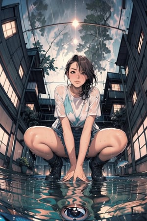 1 girl ,solo, squatting, midnight, rainy day, (from below 1.5), (1 quarter view 1.1), (fish eye 1.3), hand to viewer, wet floor, water pond, reflection, looking_at_viewer, street view,yofukashi background