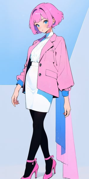 (((solo))), (((1 girl))), beautiful, masterpiece, best quality, extremely detailed face, perfect anatomy, perfect lighting, A mysterious woman
white blouse, hot pink fit suit jacket, pink a line short skirts, blue eyes, hime cut hairstyle, 5d see through black pantyhose, high heels