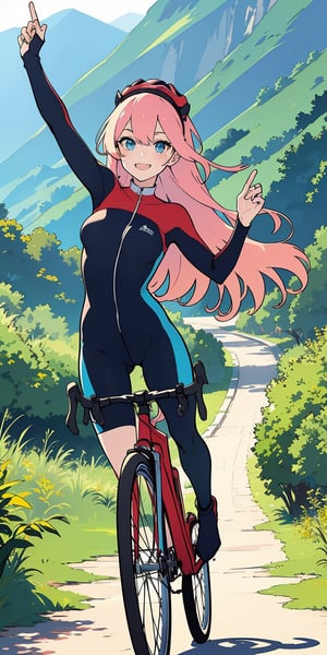 masterpiece, best quality, (((corect ratio))), chest up, poster, beautiful woman, breasty, morden road bicycle, morden road bicycle suit, long blue hair, pink streak hair, smile, very lively pose, mountainous scenery, flat illustration, in only two colors