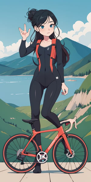 masterpiece, best quality, chest up, poster, beautiful student model, morden road bicycle, morden road bicycle suit, long black hair, blue streak hair, chignon, lively pose, mountainous scenery, flat illustration, only four colors, 