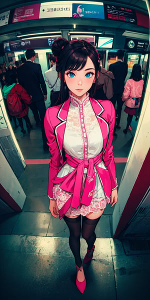 (((solo))), (((1 girl))), beautiful, masterpiece, best quality, extremely detailed face, perfect lighting, A mysterious woman, (((perfect anatomy))), (((right anatomy))), (((correct anatomy))), (((correct ratio)))
white lace blouse, hot pink fit suit jacket, pink short skirts, blue eyes, waist long hair, hair bun, see through stockings, rogue high heels
from above, PERFECT HANDS, subway station, msw, fisheye lens