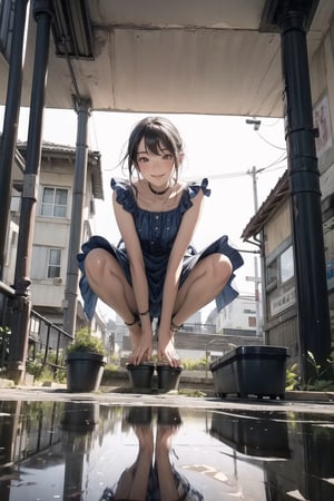 1 girl ,solo, smile, squat, (((from below))), (front view 1.5), (full body 1.5), small water puddle, reflection, hand reach to viewer, looking_at_viewer, street view,Dress