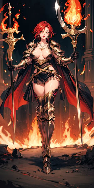 beautiful, masterpiece, best quality, extremely detailed face, perfect lighting, full body
disdain laugh, crimson hair, short hair, lipstick, amber eyes, sexy oily skin, tattoo on right eye, ear ring, necklace
female knight, gold and black, detailed full armour, runes armour, runes weapon, large flame axe, fine cape, Black