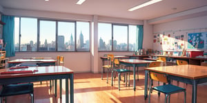 new york room, art room, town background, anime style, CLEAN room, from top