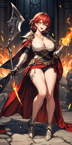 beautiful, masterpiece, best quality, extremely detailed face, perfect lighting, full body
disdain laugh, crimson hair, short hair, lipstick, amber eyes, sexy oily skin, tattoo on right eye, ear ring, necklace
female knight, gold and black full armour, detailed full armour, runes armour, runes weapon, two-handed battle axe, flame axe, fine cape, Black