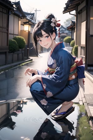 1 girl ,solo, smile, squat, midnight kimono, japanese traditional clothes, (from below 1.5), (front view 1.5), (full body 1.5), small water puddle, reflection, hand reach to viewer, looking_at_viewer, street view, wearing kimono