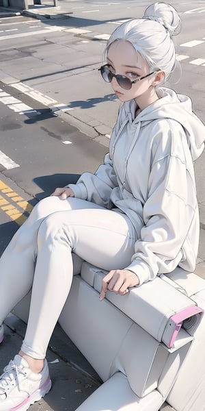 1 girl, lady, bright color, (graphic_oversize_hoodie:1.5),  (white_leggings:1.5), converse sneakers, rainbow sun glasses, fine purse, high end decorations, full body, hair bun, NYC street, sit on road curb, (low_angle:1.8), (under view shot:1.8),