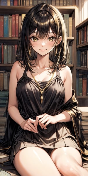 black, gold, summer afternoon, relaxed smile, library