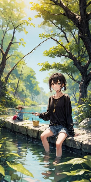 black, gold, summer afternoon, relaxed smile, fishing in creek