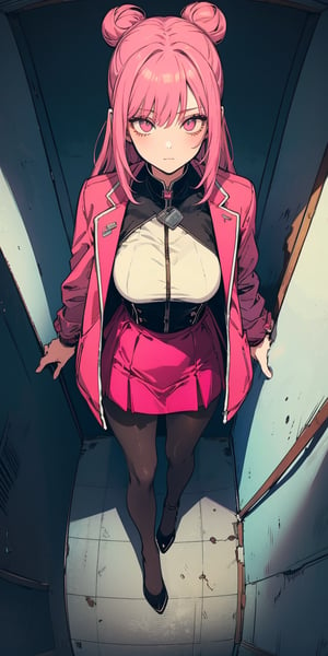 large perspective, fisheye perspective, CJ view, (((solo))), (((1 girl))), beautiful, masterpiece, best quality, extremely detailed face, perfect lighting, A mysterious woman, (((perfect anatomy))), (((right anatomy))), (((correct anatomy))), (((correct ratio)))
hot pink fit suit jacket, pink short skirts, waist long hair, hair bun, pantyhose, rogue high heels
from above, PERFECT HANDS, roof top, look down