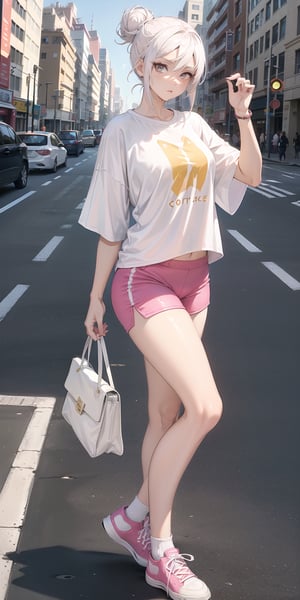 1 girl, lady, bright color, (oversized_t-shirt:1.5), (low_rise_spandex_hotpants:1.3), (white:1.2), pantyhose, converse sneakers, light color shades, one fine purse, high end decorations, full body, hair bun, walking on crossing, NYC crossing, road curb, trific light, (from_side:1.3)